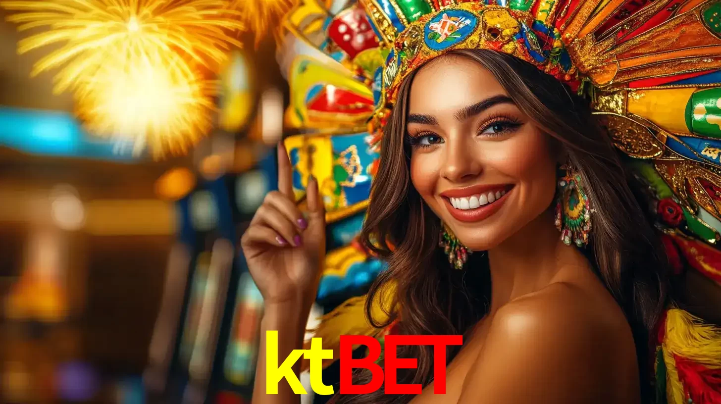 Mulher sorridente com um cocar de carnaval vibrante e colorido, celebrando uma grande vitória nos jogos do cassino ktbet com fogos de artifício ao fundo.