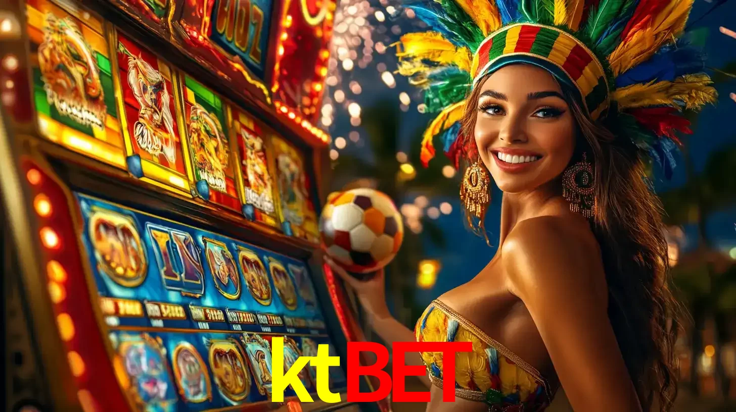 Mulher com um cocar de carnaval ao lado de uma máquina de caça-níqueis enquanto segura uma bola de futebol, mostrando a união da diversão de cassino e esportes no ktbet.