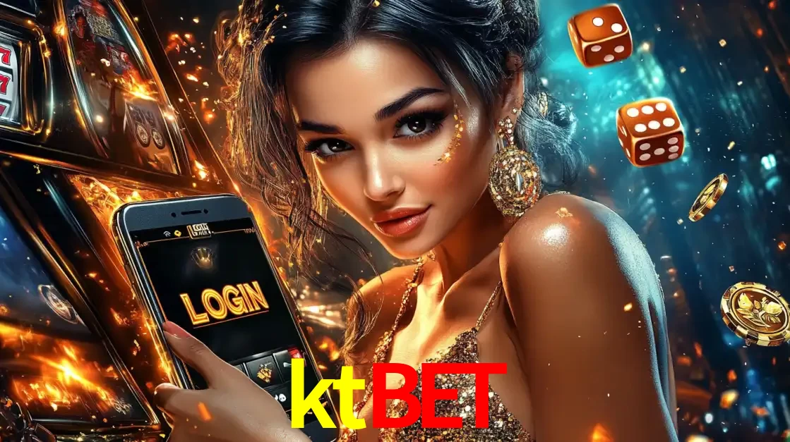 Mulher glamourosa segurando um celular com a tela de login do cassino ktbet, rodeada por dados e moedas douradas, pronta para começar a diversão.
