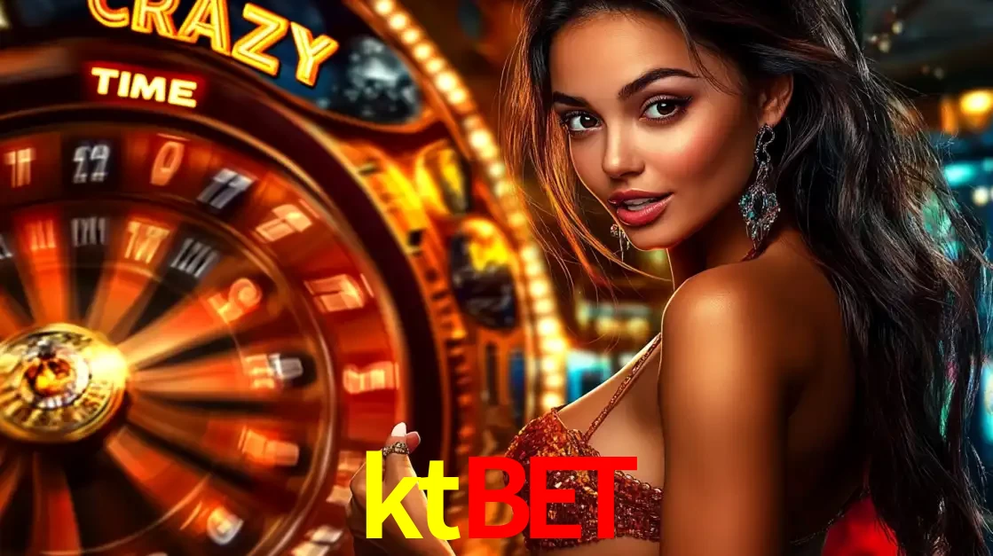 Mulher ao lado da roda de prêmios do jogo de cassino ao vivo Crazy Time, um dos shows de jogos mais emocionantes oferecidos pela plataforma de apostas ktbet.