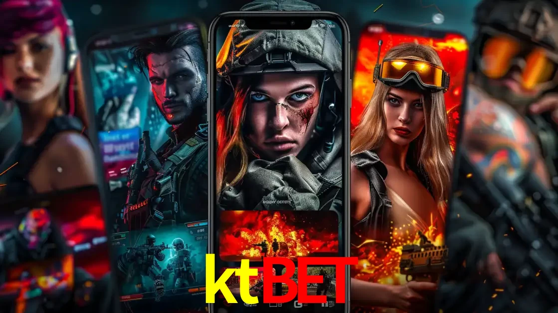 Montagem de telas de celular mostrando diversos personagens, masculinos e femininos, de um jogo de tiro, ilustrando a diversidade de equipes de e-sports para apostar no ktbet.