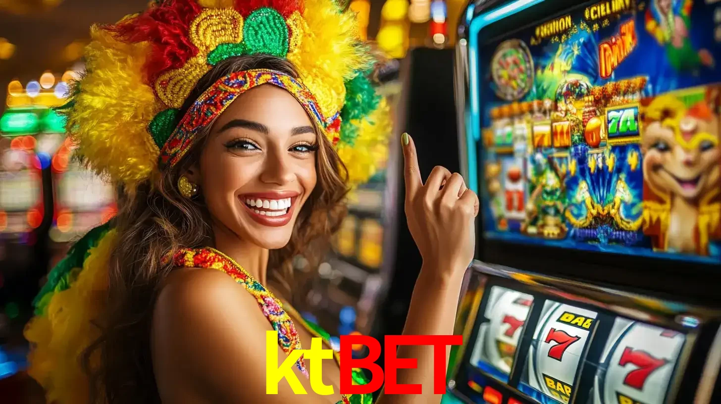 Mulher animada com um cocar de carnaval apontando para uma máquina de caça-níqueis, mostrando a emoção de ganhar um grande prêmio nos jogos do ktbet.