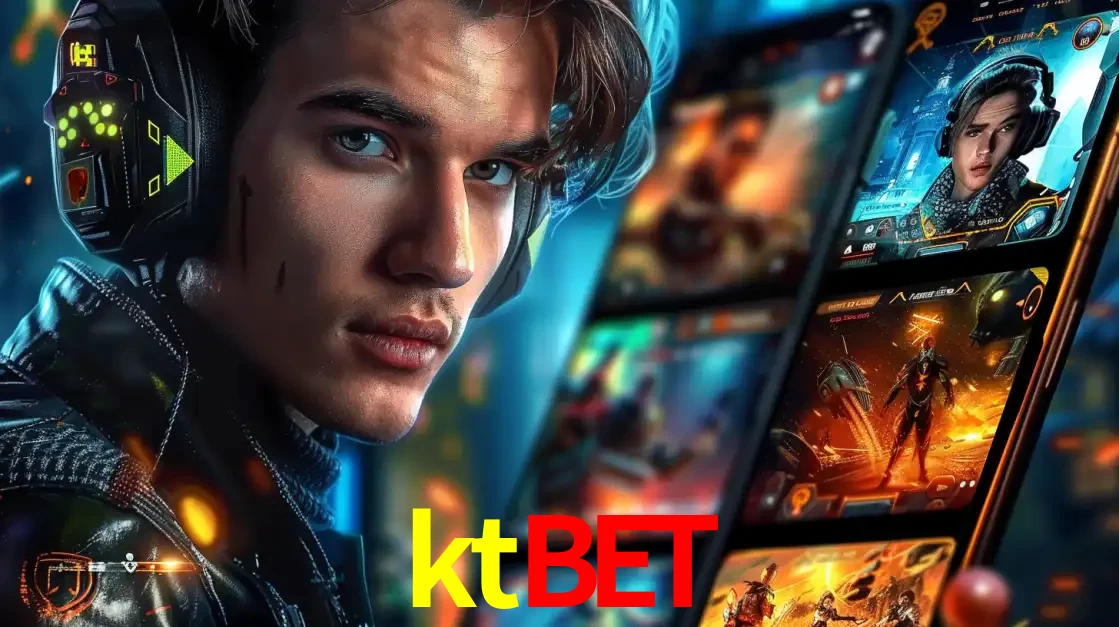 Jovem jogador com fones de ouvido olhando para a câmera, com um aplicativo de jogos e e-sports para celular ao fundo, pronto para a competição e apostas no ktbet.