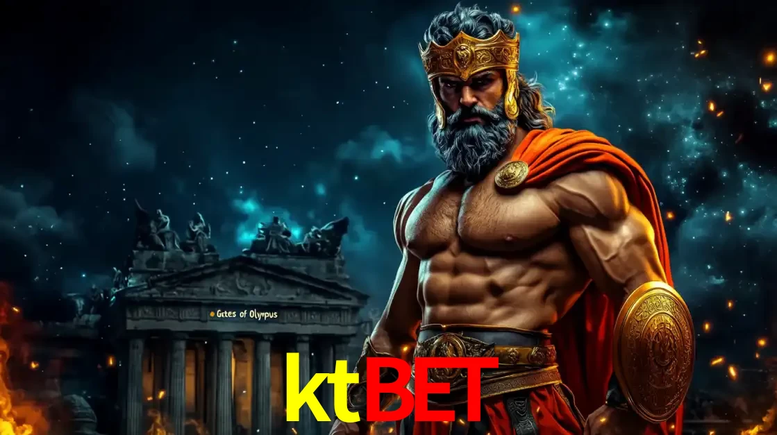 O poderoso Zeus do jogo de slot Gates of Olympus em frente ao seu templo, pronto para lançar multiplicadores divinos e prêmios épicos no cassino online ktbet.
