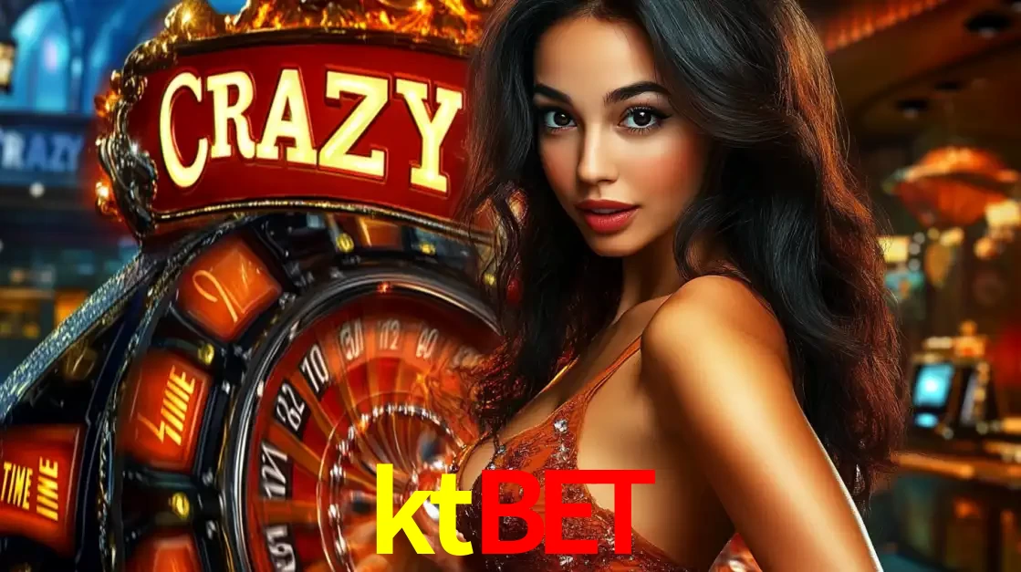 Mulher glamourosa olhando para a câmera com a roda vermelha do Crazy Time ao fundo em um ambiente de cassino, destacando a emoção dos jogos ao vivo no ktbet.