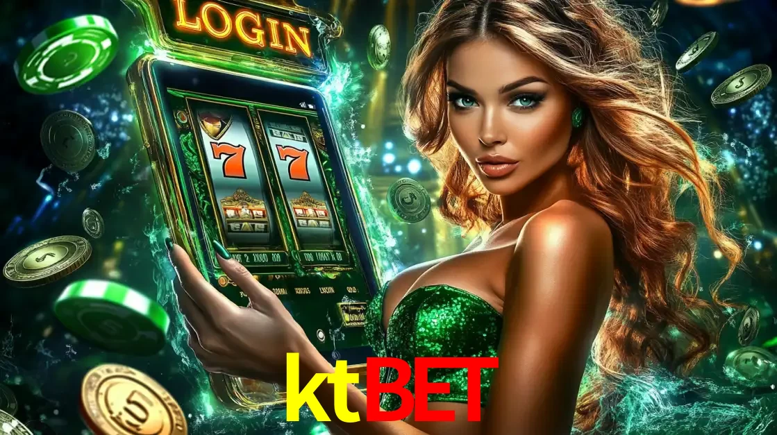 Mulher com tema verde apresentando o aplicativo do cassino ktbet com um jogo de slot de 777, cercada por fichas de cassino e uma aura de sorte.