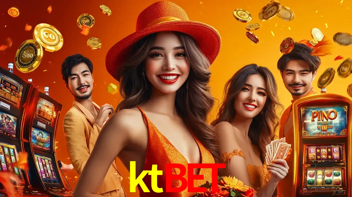 Grupo de amigos asiáticos sorrindo e se divertindo com máquinas de caça-níqueis em um ambiente festivo, celebrando suas vitórias nos jogos de cassino do ktbet.