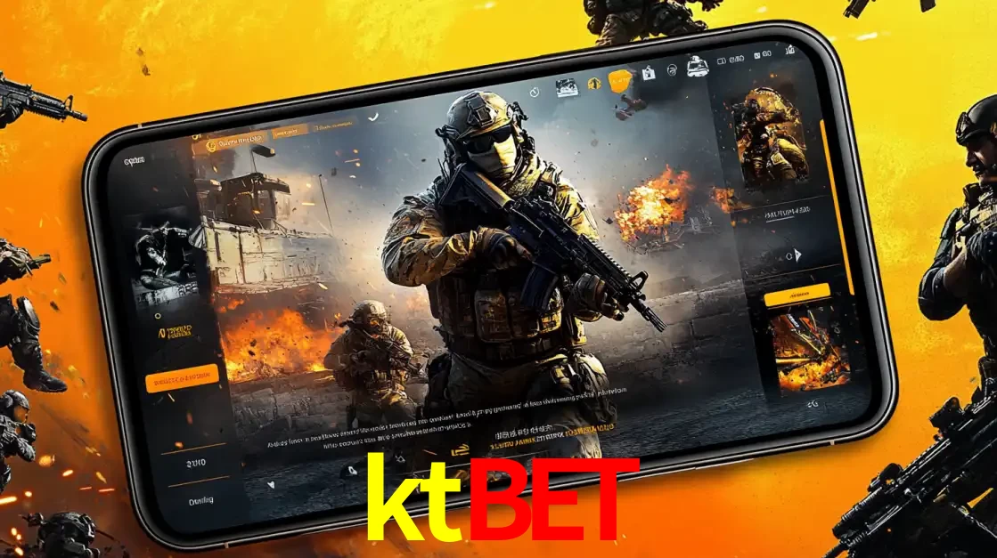 Um smartphone exibindo a interface de um jogo de tiro em primeira pessoa, com um soldado em um cenário de batalha, representando a ação dos e-sports para apostar no ktbet.