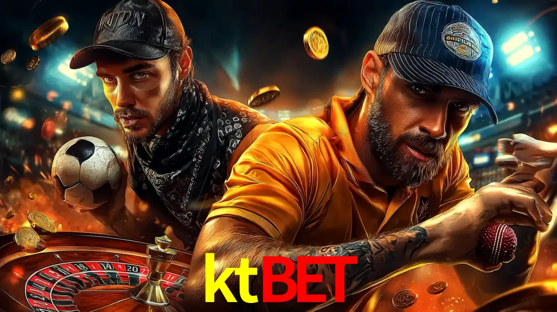 Montagem de apostas esportivas e cassino no ktbet, com um homem segurando uma bola de futebol e outro uma de beisebol sobre uma roleta e moedas voadoras.