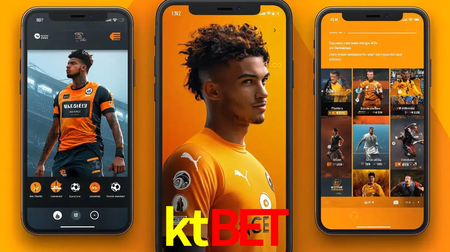 Interface do aplicativo de apostas esportivas ktbet em três telas de celular, mostrando o perfil de um jogador de futebol e a lista de jogos disponíveis para apostar.
