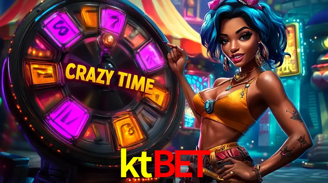 Mulher estilizada com cabelo azul e visual vibrante posando ao lado da roda de prêmios do game show Crazy Time, convidando para a diversão e os bônus do cassino ktbet.