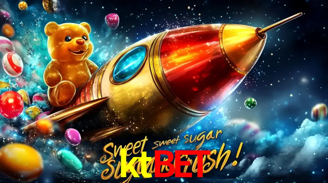 Arte promocional do jogo de slot Sugar Rush, com um urso de pelúcia em um foguete viajando pelo espaço de doces, um dos jogos divertidos disponíveis no cassino ktbet.