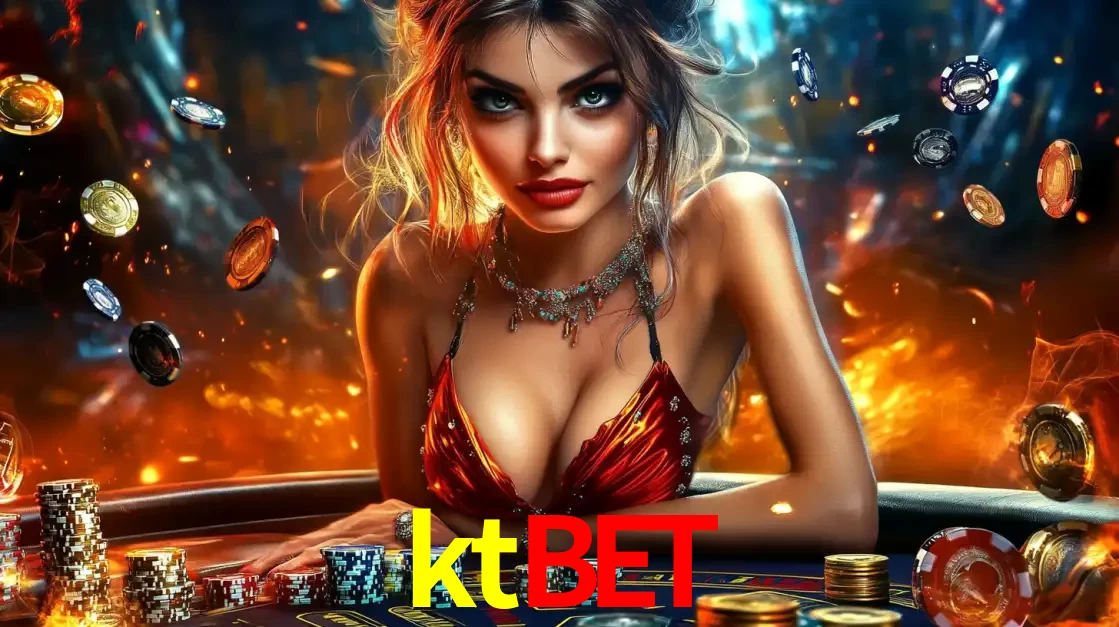 Mulher em uma mesa de cassino com pilhas de fichas e um fundo de fogo, pronta para uma rodada de altas apostas nos jogos de mesa emocionantes do cassino ktbet.