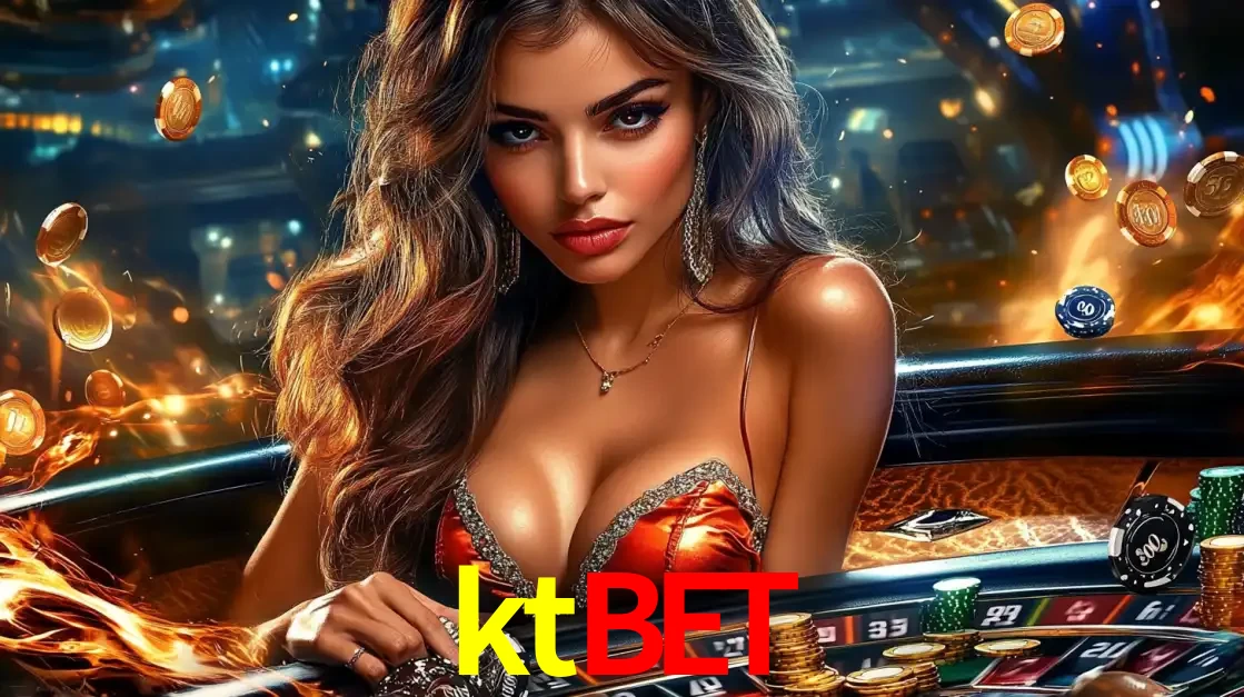 Mulher glamourosa em uma mesa de roleta com um fundo de chamas e moedas voadoras, pronta para fazer sua aposta e ganhar grandes prêmios no cassino ao vivo ktbet.