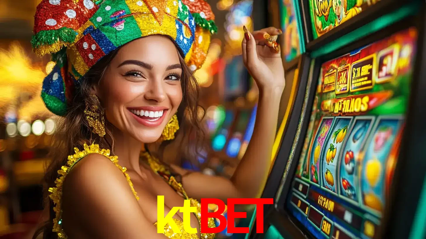 Mulher feliz com traje de carnaval amarelo e colorido ao lado de uma máquina de caça-níqueis, aproveitando a diversão e os jogos temáticos do cassino ktbet.