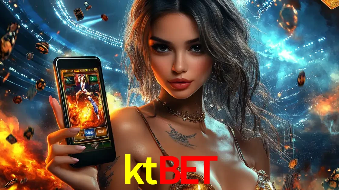 Mulher segurando um celular com um jogo de slot em destaque, tendo como fundo um estádio vibrante, simbolizando a emoção de jogar no cassino móvel ktbet.
