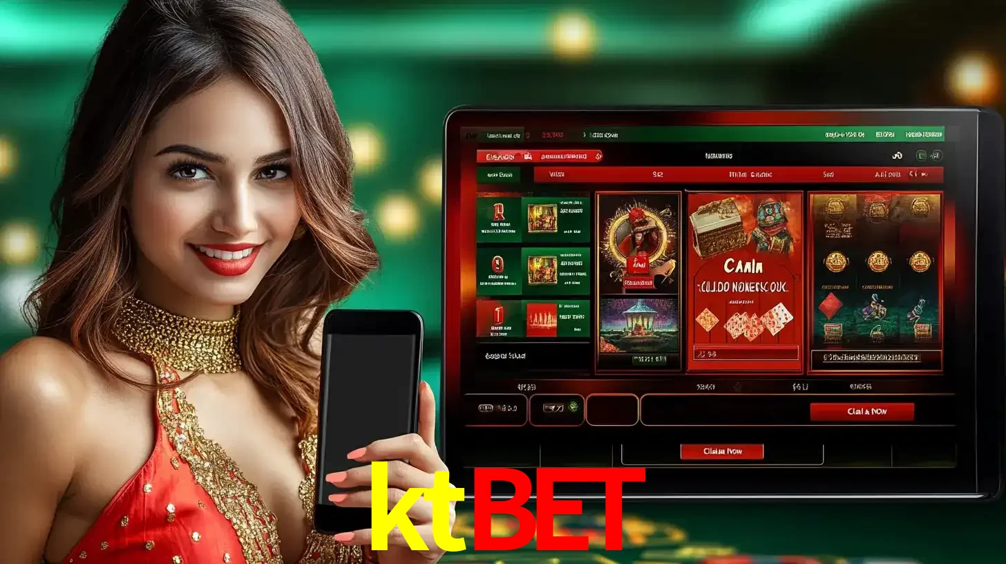 Mulher sorridente segurando um smartphone, ao lado de uma tela exibindo o lobby de jogos do cassino online ktbet, com várias opções de jogos de cartas e slots.
